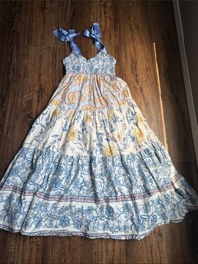 LIKE NEW! Free People Blue and Yellow Floral Tiered Maxi Dress with Tie Straps